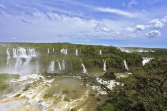 Turbid yellow-brown waves flow down. Raging and roaring water in the Brazilian side of the Iguazu