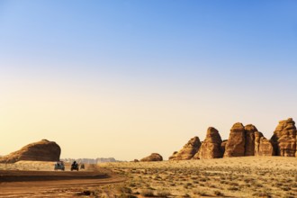 Vintage Land Rover Tour in the rocky landscape of Hegra, Unesco World Heritage Site Al Ula, Kingdom