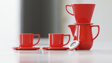 A coffee pot with filter and two cups. 3D illustration