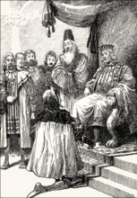 Mephistopheles playing the role of a fool, emperor at the throne, Faust II, first act, by Johann