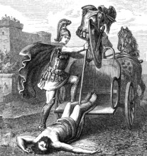 Triumphant Achilles dragging Hector's lifeless body in front of the Gates of Troy, Trojan War