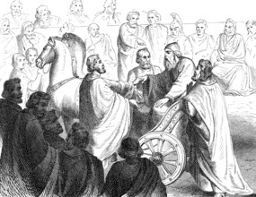 The blind Timoleon, c. 411-337 BC, a Greek statesman and general at Syracuse in the assembly