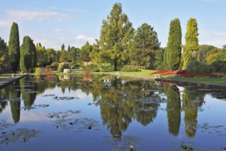 Magnificent Italian park at sunset. Smooth water of a pond reflects coastal cypresses and