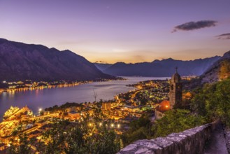 View on Kotor Bay and city from above at sunset, Montenegro