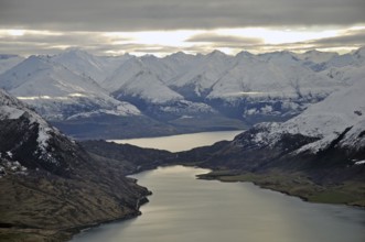 Narrow neck of land separating Lakes Wanaka (at back) and Hawea, Otago, New Zealand