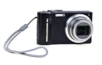 Black camera with sliding lens isolated on a white background