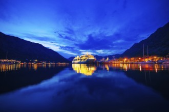 Cruise liner in the Boka Bay of Kotor in Montenegro at night