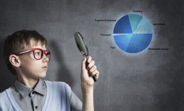 Cute boy looking through magnifying glass against graphs at chalkboard