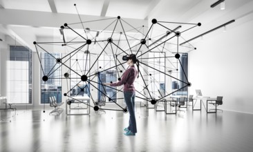 Young woman in casual wearing virtual helmet and working with connection concept. 3d rendering