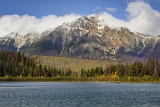 Beautiful autumn landscape scene in mountain in background in Jasper National Park west Canada