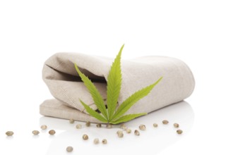 Hemp cloth production, cloth with cannabis leaf and seeds, isolated on white background
