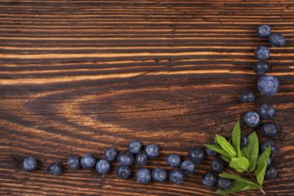 Fresh blueberry background with copyspace. Ripe fresh blueberries on rustic wooden background, top