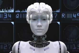 Artistic 3D illustration of a robot with artificial intelligence