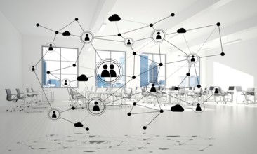 Lines connected with dots as social communication concept in office interior. 3D rendering