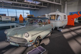 Opel Rekord P1 from 1959 with caravan, interior view, Erwin Hymer Museum, caravan, Bad forest lake,