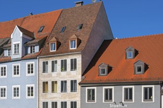 Pointed gable facades with tiled roofs and dormers, Kempten, Allgäu, Swabia, Bavaria, Germany