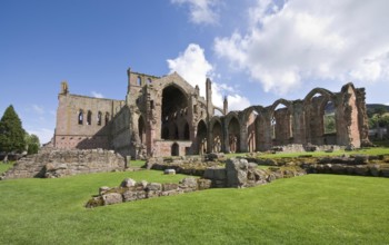 Ruins of the famous St Mary Abbey at Melrose village in, Scotland, United Kingdom