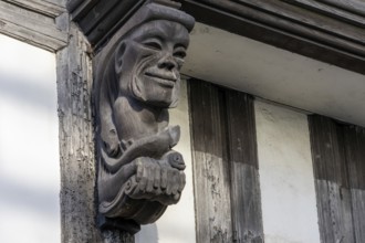 Totnes, Devon, UK, January 16. View of a wooden gargoyle in Totnes, Devon on January 16, 2024