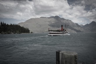 Antique steamboat on lake Wakatipu in Queenstown, South Island of New Zealand
