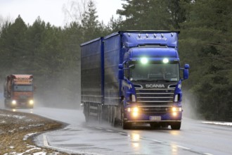 SALO, FINLAND, MARCH 4, 2017: Blue Scania R620 combination vehicle of M. Keskimaki and another