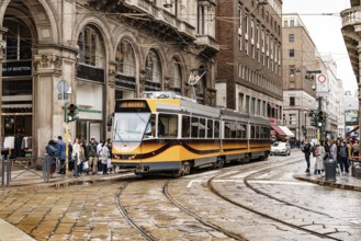 Tram stands at Piazza Duomo. Milan, Italy.