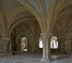 Fontenay former Cistercian monastery chapter house interior with view of the cloister, St., Saint,