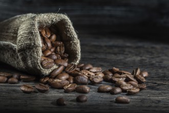Close up view beans of coffee scattered from sack