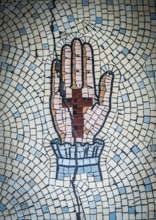 Ancient Mosaic Tiles Of Hand And Crucifix In Crossmyloof Glasgow, Scotland, Uk