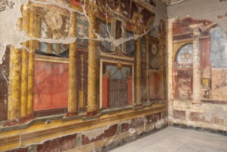 OPLONTIS, ITALY, MAY 03, 2022, Scenic frescos on the wall of famous Villa Oplontis, ancient Roman