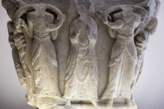 Capital, used as a ceremonial mortar, carved stone, 12th century, from the cathedral of San Pedro
