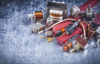 Set of electric devices top view image vintage electricity concept