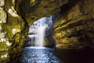 Europe, Scotland, North Coast, Durness, Smoo Cave and Falls, cave, waterfall