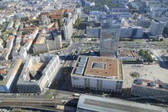 Alexanderplatz with railway station, seen from the television tower at Alexanderplatz, Berlin,