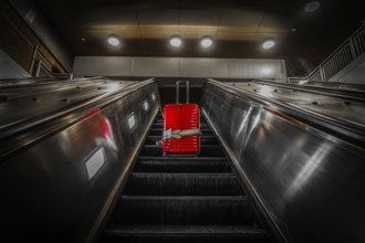 Escalator and suitcase. Shooting Location: New York, Manhattan