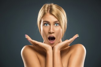 Portrait beautiful blond woman with blue eyes stared into the camera - isolated azure background