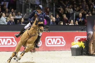 Denis Lynch of Ireland competes in the equestrian Audi Grand Prix at Jumping International