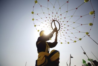 Young Nihangs Sikh warrior performing traditional martial art Gatka consecration perpetual Guru