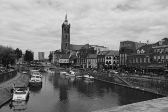 View of the city centre of Roermond from a bridge, black and white, Roermond, Province of Limburg,