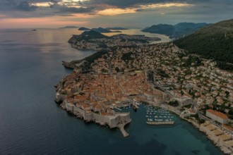 Aerial view of Dubrovnik after sunset, city in southern Croatia coast of Adriatic Sea