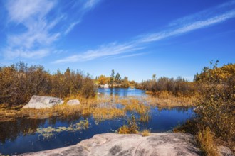 Old Pinawa Dam Provincial Heritage Park. Warm day. Yellow autumn grass is reflected in the Winnipeg