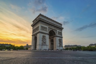 Paris France, city skyline sunset at Arc de Triomphe and Champs Elysees