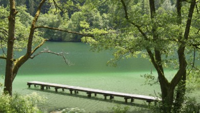 Boat and bathing jetty on emerald-green Lake Thumsee