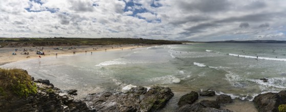 Panorama landscape view of Gwithian Beach and St. Ives Bay in northern Cornwall