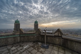 Koekelberg, Brussels Capital Region, Belgium, 10 23 2019 Panoramic view over Brussels on a foggy