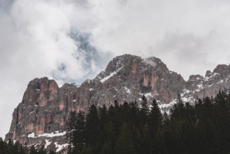 Panoramic view of the Rosengarten group mountain massif in the Dolomites in South Tyrol, Italy