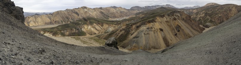 Rhyolite mountains, lava scree, panoramic view, Landmannalaugar, Fjallabak nature reserve,
