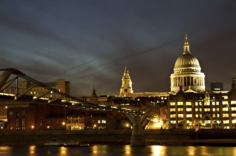 Cityscape of London at Night with St Paul's Cathedral and Millenium Bridge London, England, Great