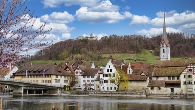View of the old town of Stein am Rhein and Hohenklingen Castle