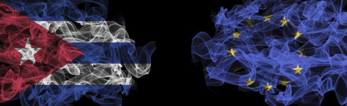 Flags of Cuba and EU on Black background, Cuba vs Europe Union Smoke Flags