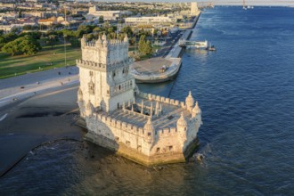 Drone view of Belem tower and its surroundings, Lisbon, Portugal at summer day. Medieval
